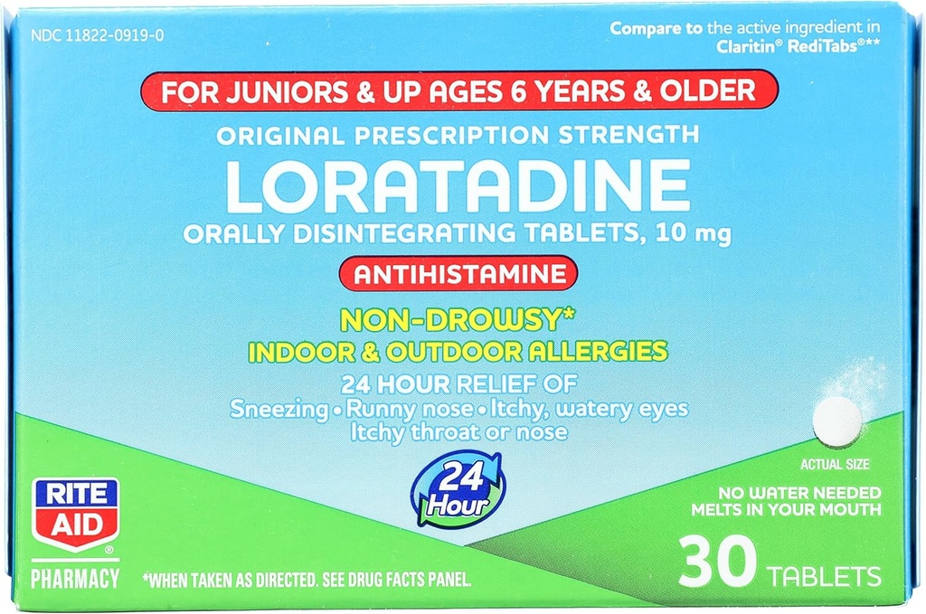 Rite Aid Kid's Non-Drowsy Allergy Relief, Loratadine 10mg, Mint Flavor - 30 Comprimidos