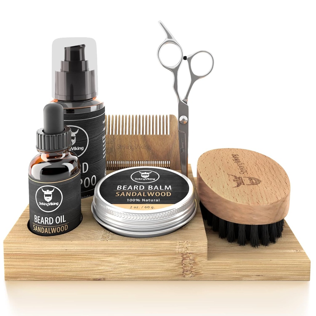 Striking Viking Beard Growth Kit - 7-Piece Set, Sandalwood Scent & Caddy - Óleo e bálsamo com escova de barba, dupla-sedimento Comb & Tesoura mais Bigode Comb para grooming & Styling
