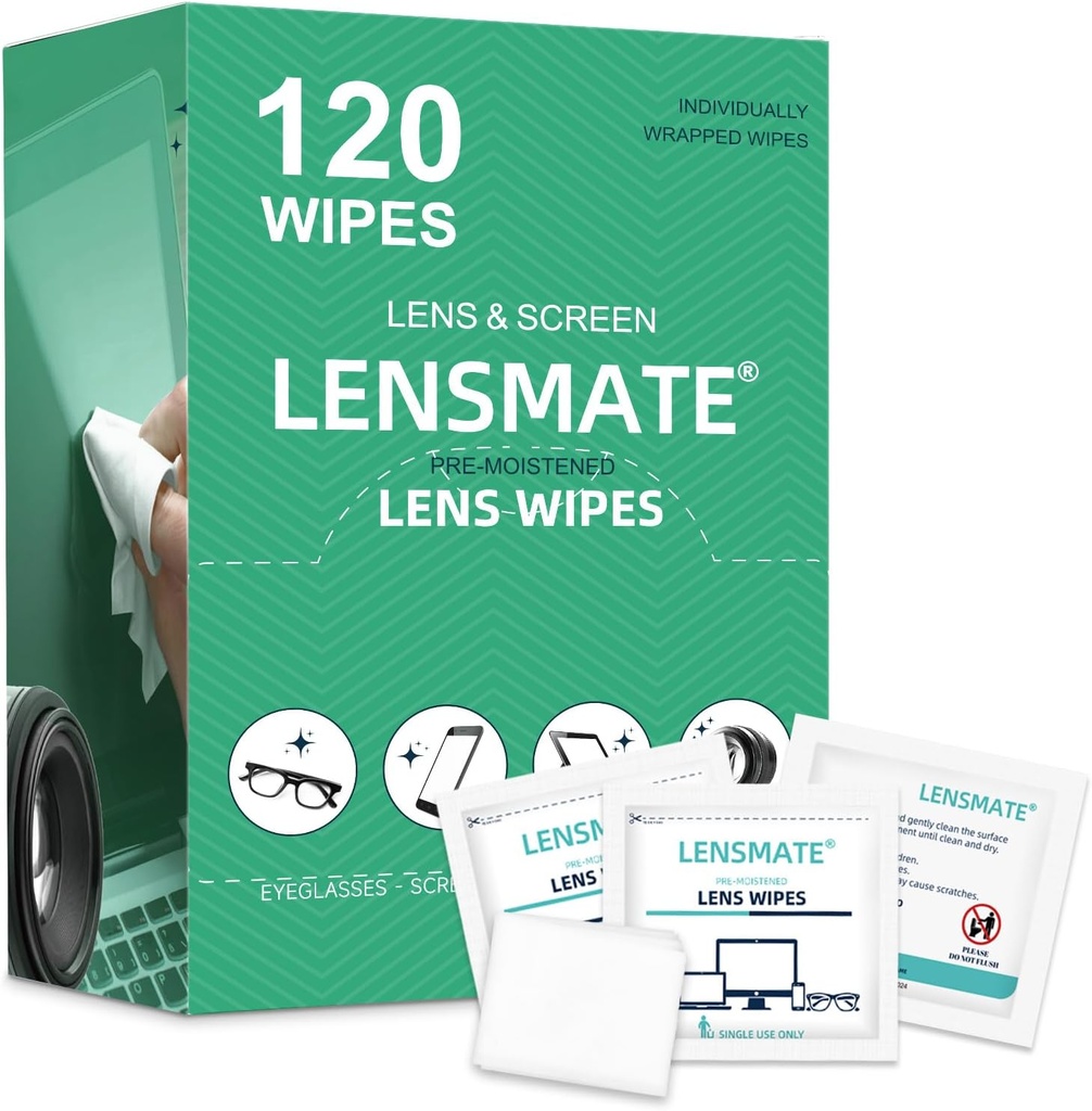 Lensmate 120 Count Lens Wipes para óculos, pré-hidratado e individualmente enrolado Eyeglass Wipes, Lens Cleaning Wipes para óculos, óculos de sol, óculos de sol e lente de câmera