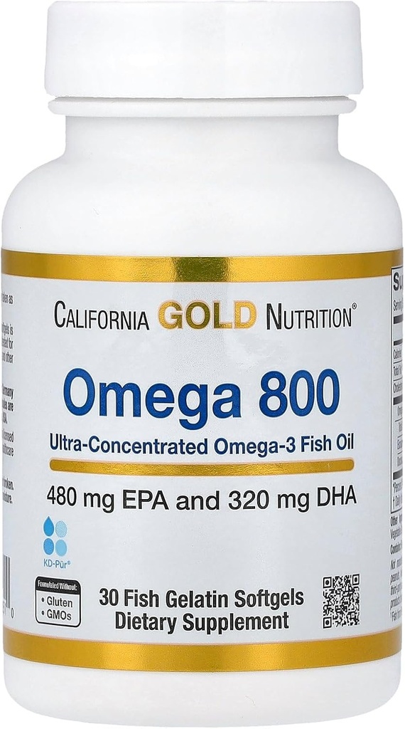 California Gold Nutrition Omega 800 Óleo de peixe Omega-3 ultra concentrado, forma de triglicérido kd-pur®, 30 Gelatina de peixe Softgels (1.000 mg por Softgel)