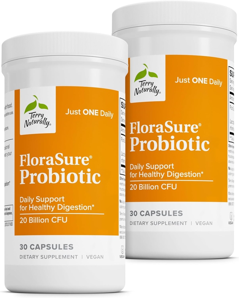 Terry Naturalmente FloraSure Probiótico - Suplemento de digestão para ajudar contra o inchaço ocasional e apoio de alívio de gás - Gut Health Support com Bifidobacterium Bifidum - 30 Cápsulas (Pacote de 2)