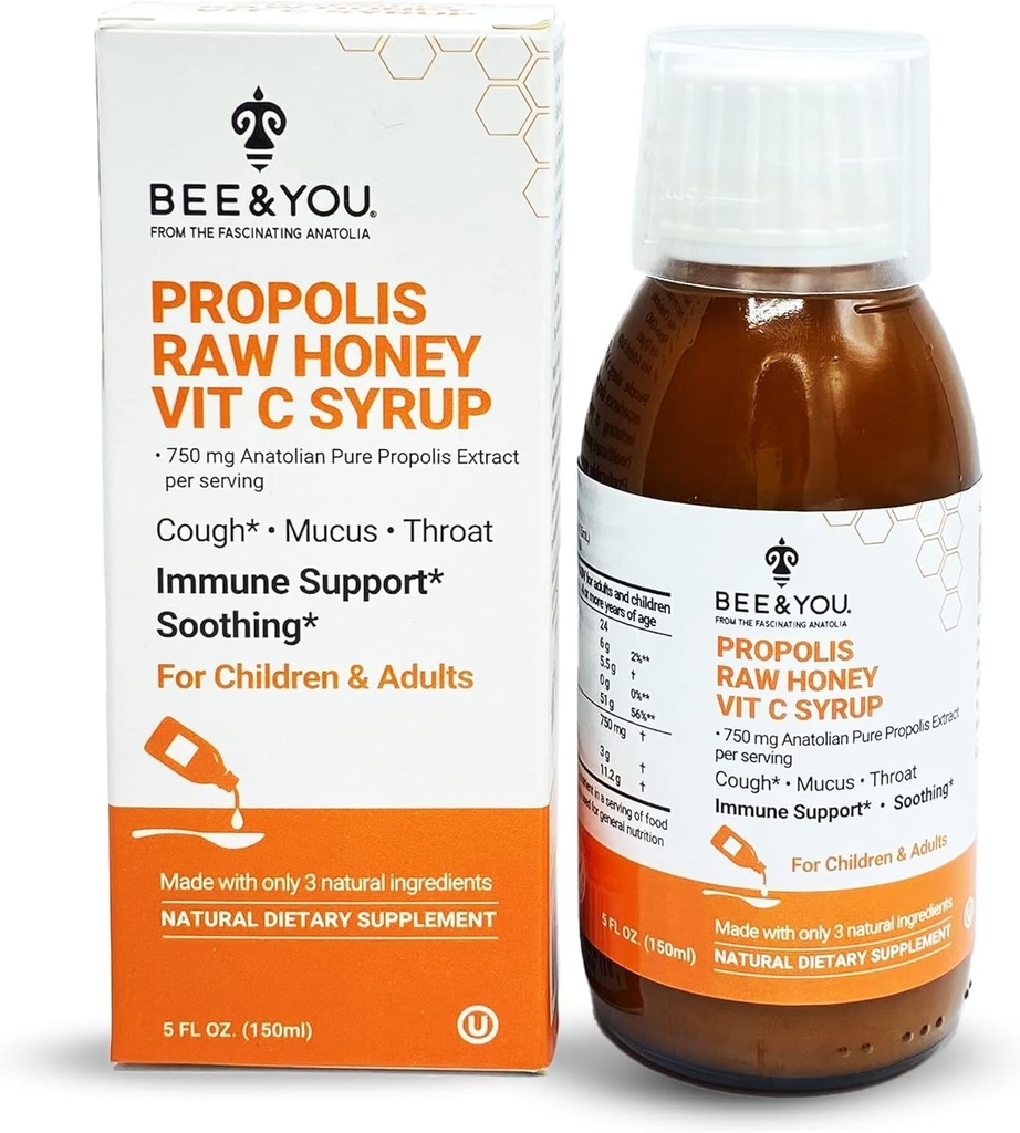 BEE e você Extrair própolis Xarope de tosse w/Vitamina C, Mel calmante, Suporte Imune Natural, Alivio da Garganta Dolorida, Antioxidantes, para Crianças e Adultos, 5 Fl Oz, para Homens e Mulheres