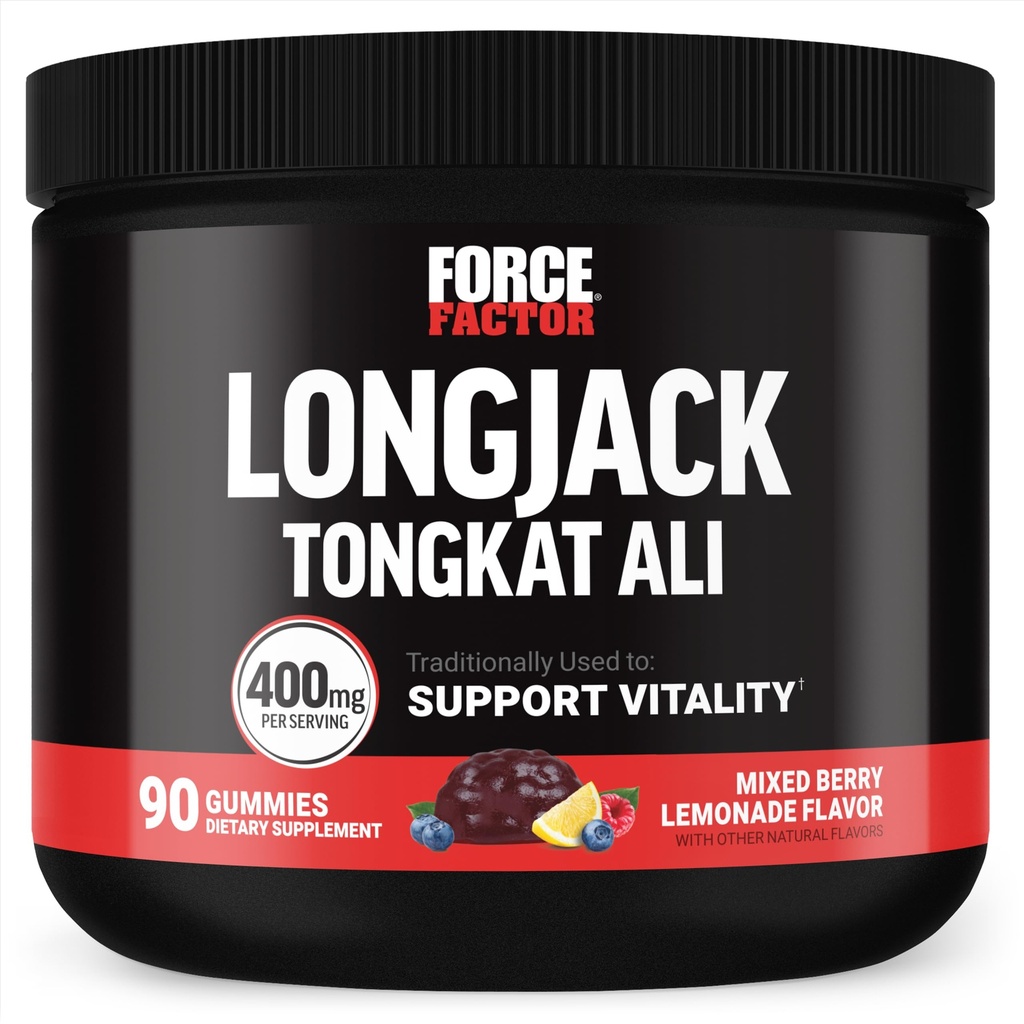 Force Factor Longjack Tongkat Ali Gummies, Tongkat Ali para homens para apoiar a Vitalidade masculina e unidade, 400mg Tongkat Ali com BioPerine, Limonada de Berry mista, 90 Gummies