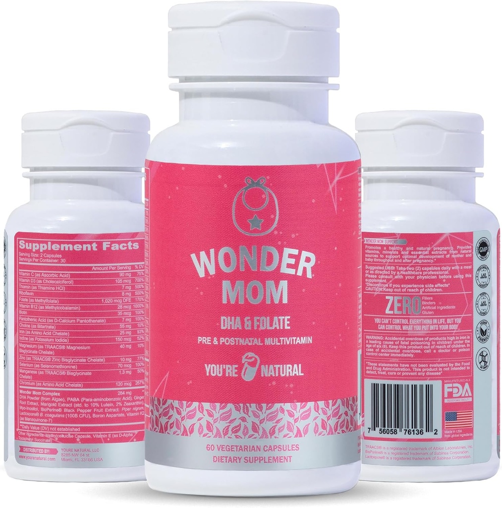 Vitaminas pré-natais e pós-natais Premium: Folato, DHA, Colina, Ferro, B12, Multivitamina e Probióticos, Suporta o Desenvolvimento do Cérebro Fetal, Gravidez e Saúde Pós-parto, Vegan, Não-GMO, Sem glúten, 30 dias