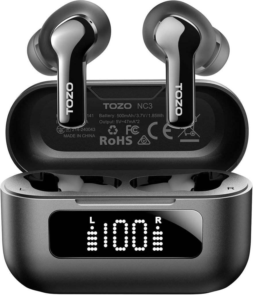 TOZO NC3 Hybrid Ativo Ruído Cancelando fones de ouvido sem fio com 6 microfones AI Clear Call Ear Buds 55H Playtime com LED Display 32 EQs pré-definidos via APP Bluetooth 5.3 IPX8 Impermeável em fones de ouvido