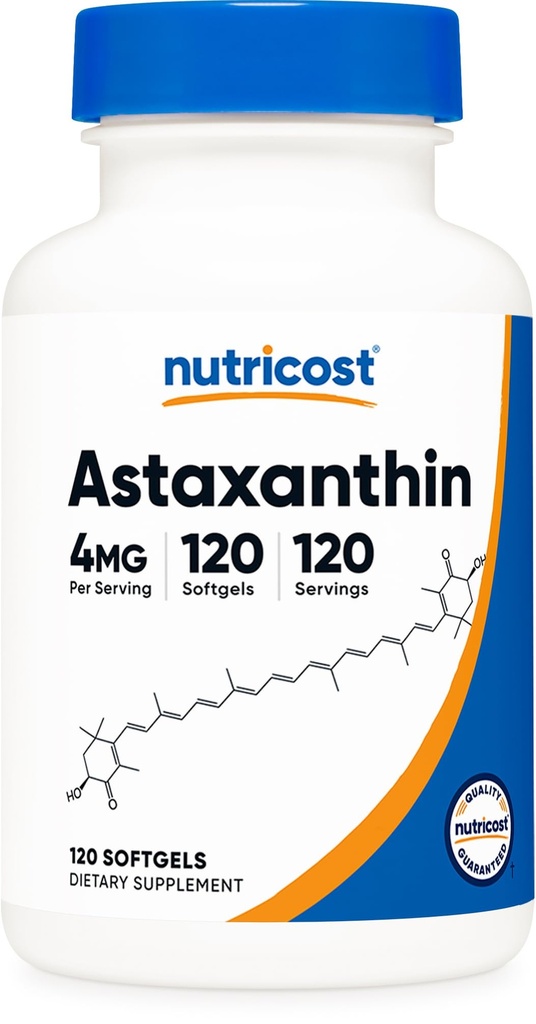 Nutricost Astaxantina 4mg, sem glúten e não-GMO, 120 Softgels (4 Mês de Fornecimento)