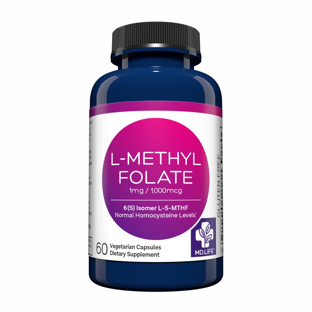 MD Life L Metilfolato 1mg - Suplemento de metilfolato ativo de grau profissional - máxima potência MTHFR Suplementos - L metilfolato 1mg 60 Cápsulas - Aminoácidos Essenciais