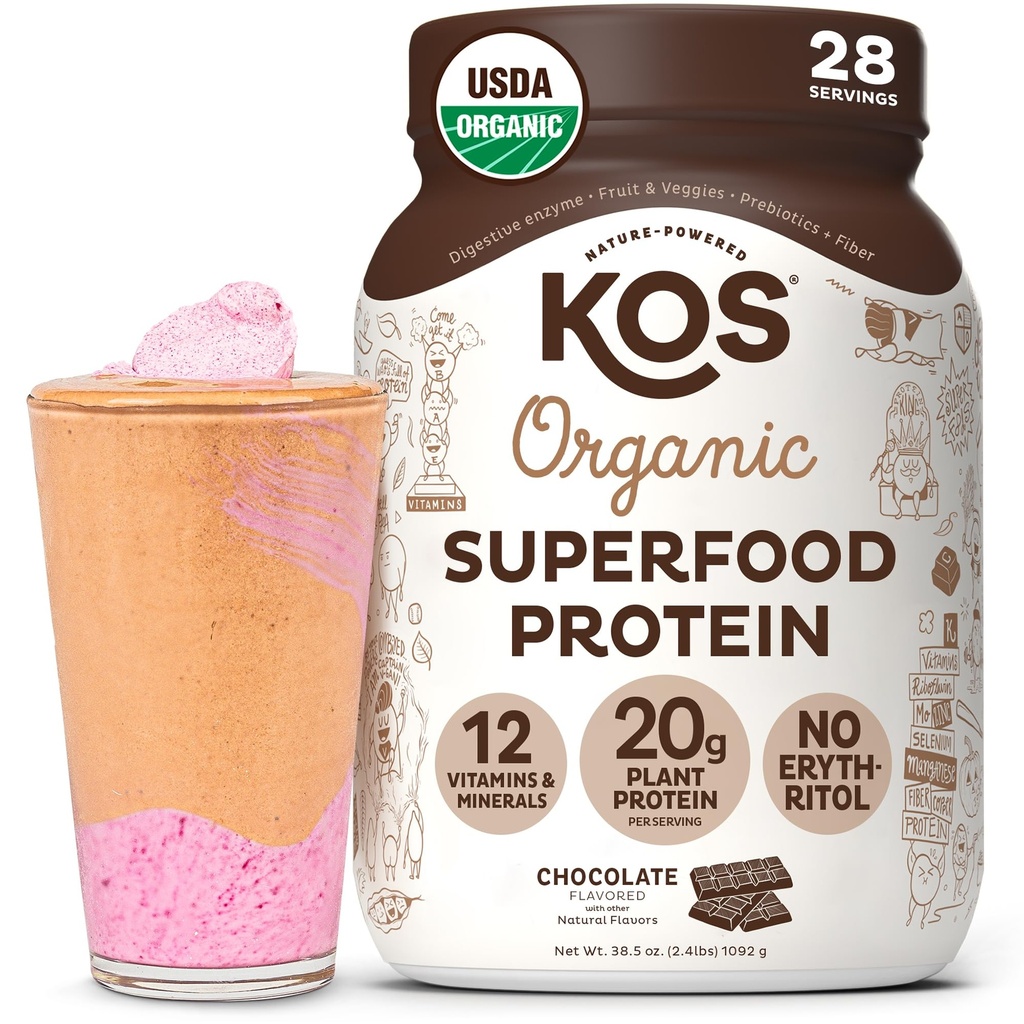 KOS Vegan Protein Powder Erythritol Livre, Chocolate - Organic Pea Protein Blend, planta baseada Superfood rico em vitaminas e minerais - Keto, Dairy Free - substituição de refeições para mulheres e homens, 28 Servings