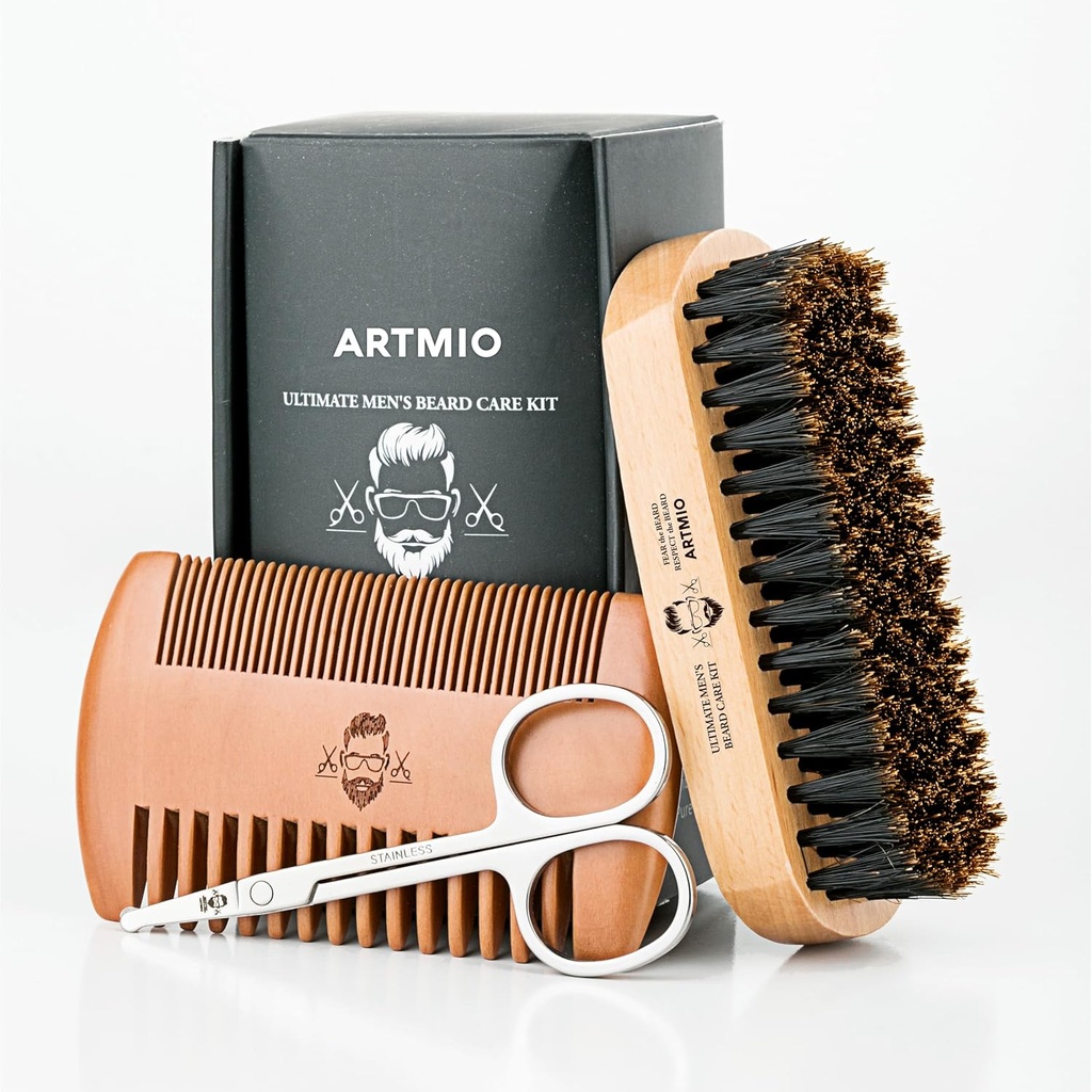 Escova de barba, pente e tesouras conjunto para cuidados masculinos Barba - Escova de cabelo javali Bristle & escova de madeira e tesouras inoxidáveis - Barba Estilhamento, grooming & Shaping Tools