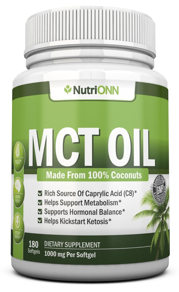 MCT Oil - 3000mg por serviço - 180 Softgels - Feito de cocos 100% orgânicos - Não OGM, frio prensado, Cápsulas Paleo Friendly - Ótimo para Foco & Gut Saúde