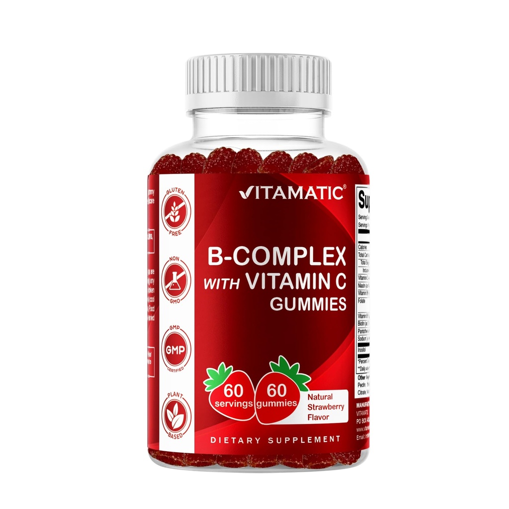 Vitamina Vitamina B Vitaminas Complexas com Vitamina C & Inositol - Sabor natural de morango - 60 gomas (1 garrafa)