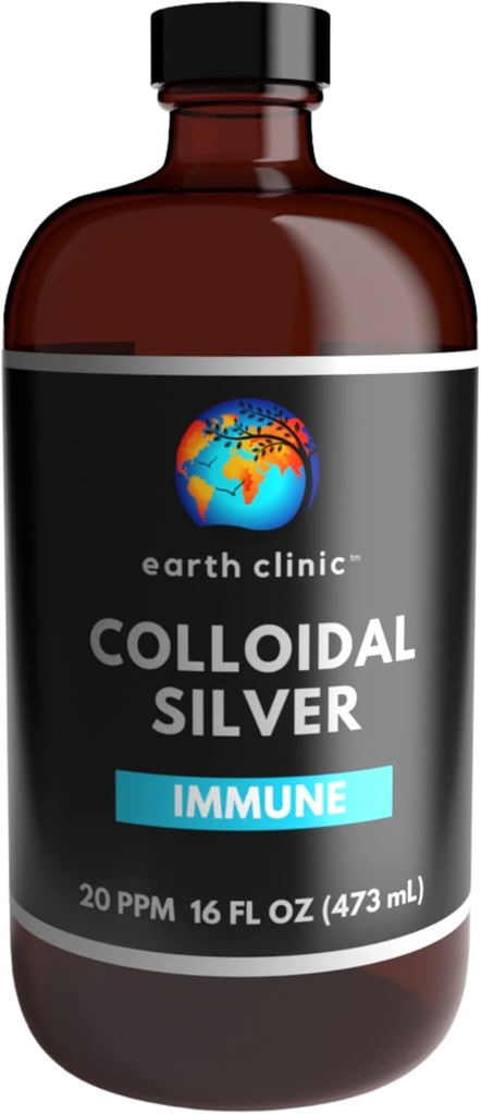Earth Clinic ® Colloidal Silver 20 PPM, 16 onças (473mL), Ambar garrafa de vidro grande - suporte imunológico