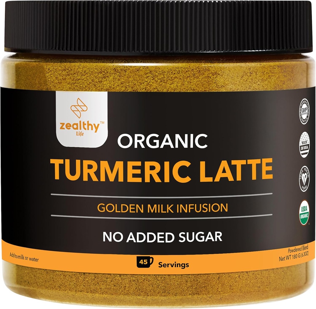 Pó de Latte de Açafrão Orgânico – USDA Certified, No Added Sugar Suplemento de Açafrão com Ceilão Canela, Zealthy Life, 45 Servings