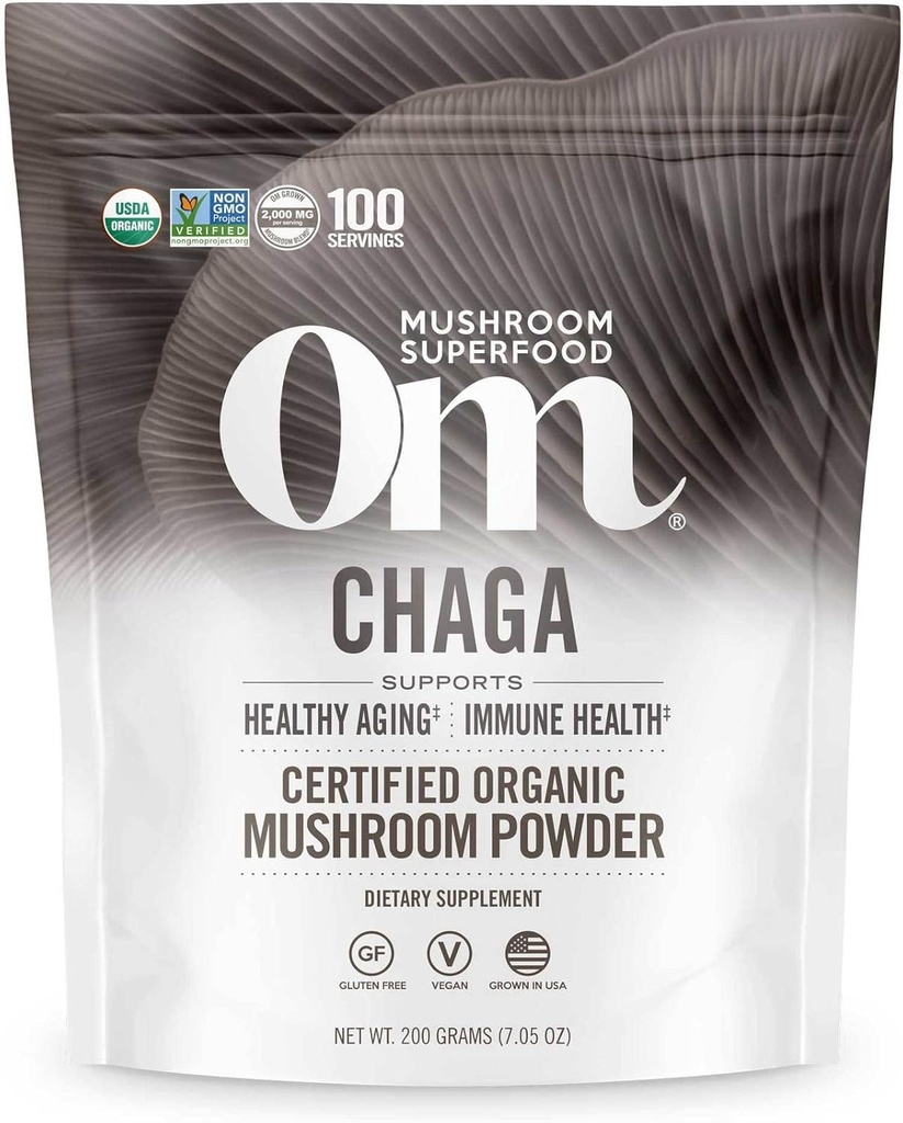 OM MUSHROOM SUPERFOOD Chaga Organic Mushroom Powder, 7.05 Ounce Pouch, 100 Servings, EUA crescidos, sagrados antioxidantes e Imune Support, Superfood Mushroom Supplement