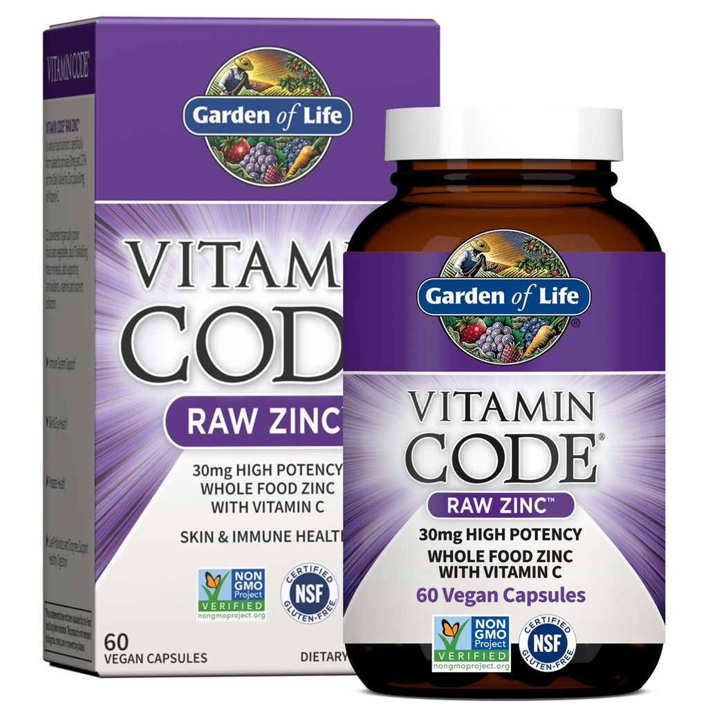 Jardim da vida Zinco Suplementos 30mg de alta potência cru Zinco e vitamina C Suplemento multimineral, Vitamina Código Vitaminas Trace Minerals & Probióticos para a saúde da pele e suporte imunológico, 60 Cápsulas Vegan