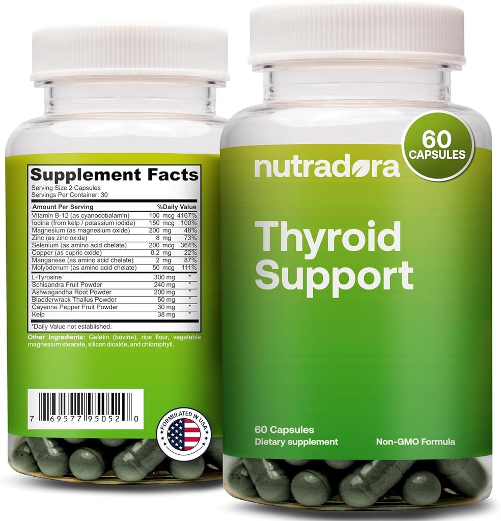 Suporte da tireóide para mulheres e homens - Suplemento da tireóide com Iodo, Vitamina B12, Ashwagandha, Suplementos de Selênio e Zinco, Certificado GMP, Formulado nos EUA, 60 Cápsulas (Pacote de 1)