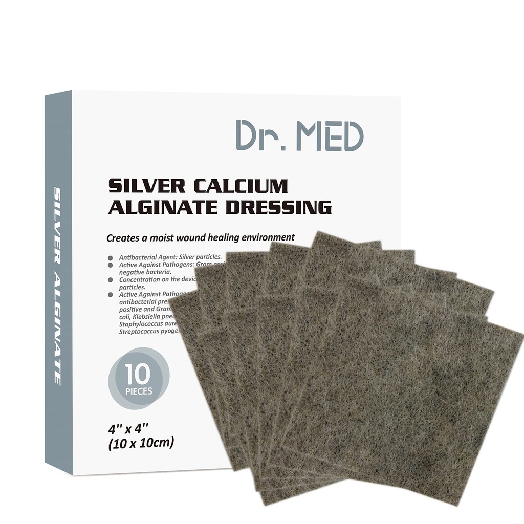 Dr. Med Silver Alginate Alginate Wound Dressing 4 ''x4'' Patches, 10 Pacote Individual Alta Absorbência Ag Alginate Bandagem da Ferida, Não-Adesivo, Sem Dores Cachimbo para Bedsore, Úlceras, Abrasões da Pele