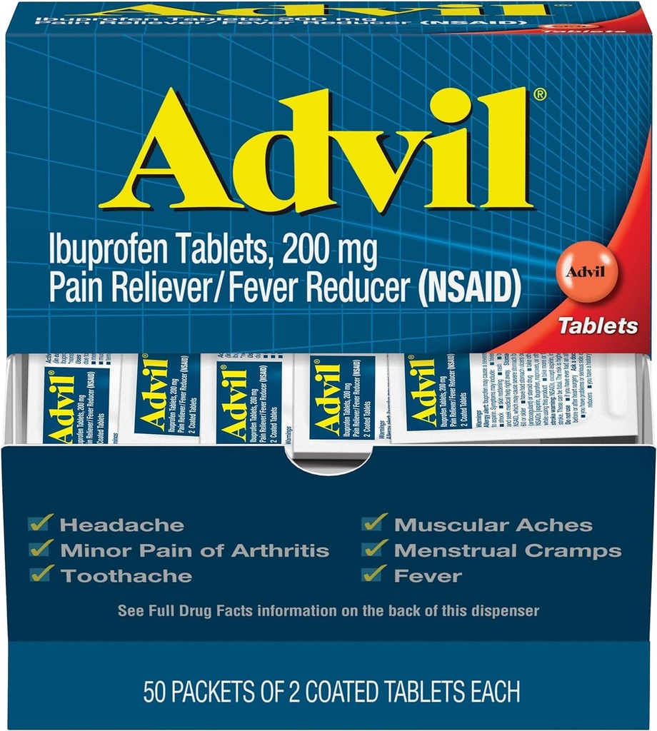Advil Ibuprofeno Comprimidos, 200 mg Reliever/Redutor de Febre (AINE), 100 comprimidos (50 embalagens de 2 comprimidos cada)