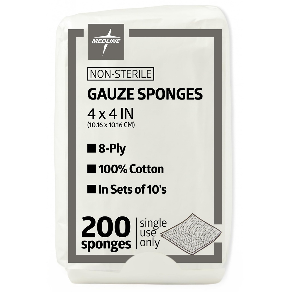 Medline 4 x 4 Inch Gauze Esponjas, Não-Sterile 8-Ply Tecido Gaze, 100% algodão, Ideal para Vestido de Feridas, Cuidados com Feridas, Uso de Primeiros Socorros Geral, Pacote de 200