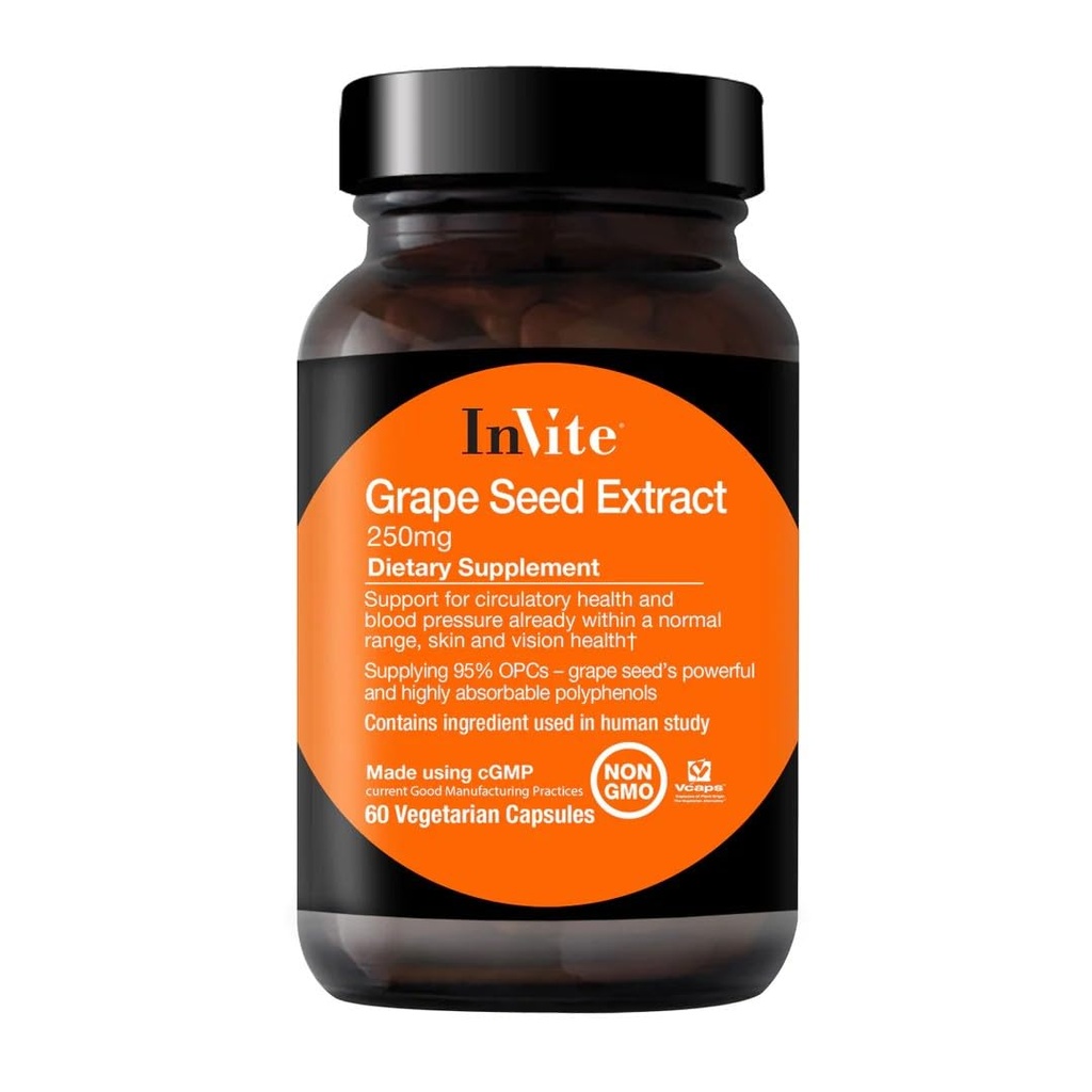 Convidar Saúde - Extrato de Sementes de Uva - Suporte para a Saúde Circulatória e Pressão Sangüínea Já dentro de uma faixa normal - 60 Cápsulas Vegetarianas - Alimentação de 30 dias