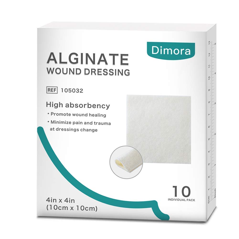 Dimora Alginate Alginate Wound Dressing, 4'' x 4'' Patches, 10 almofadas estéreis individuais, suave e altamente absorvente Dressing Gaze, Não-Stick Padding