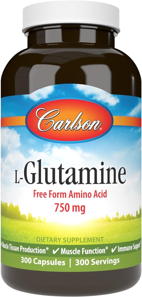 Carlson - L-Glutamina, Aminoácido Forma Livre, 750 mg, Produção de Tecidos Músculos, 300 Cápsulas