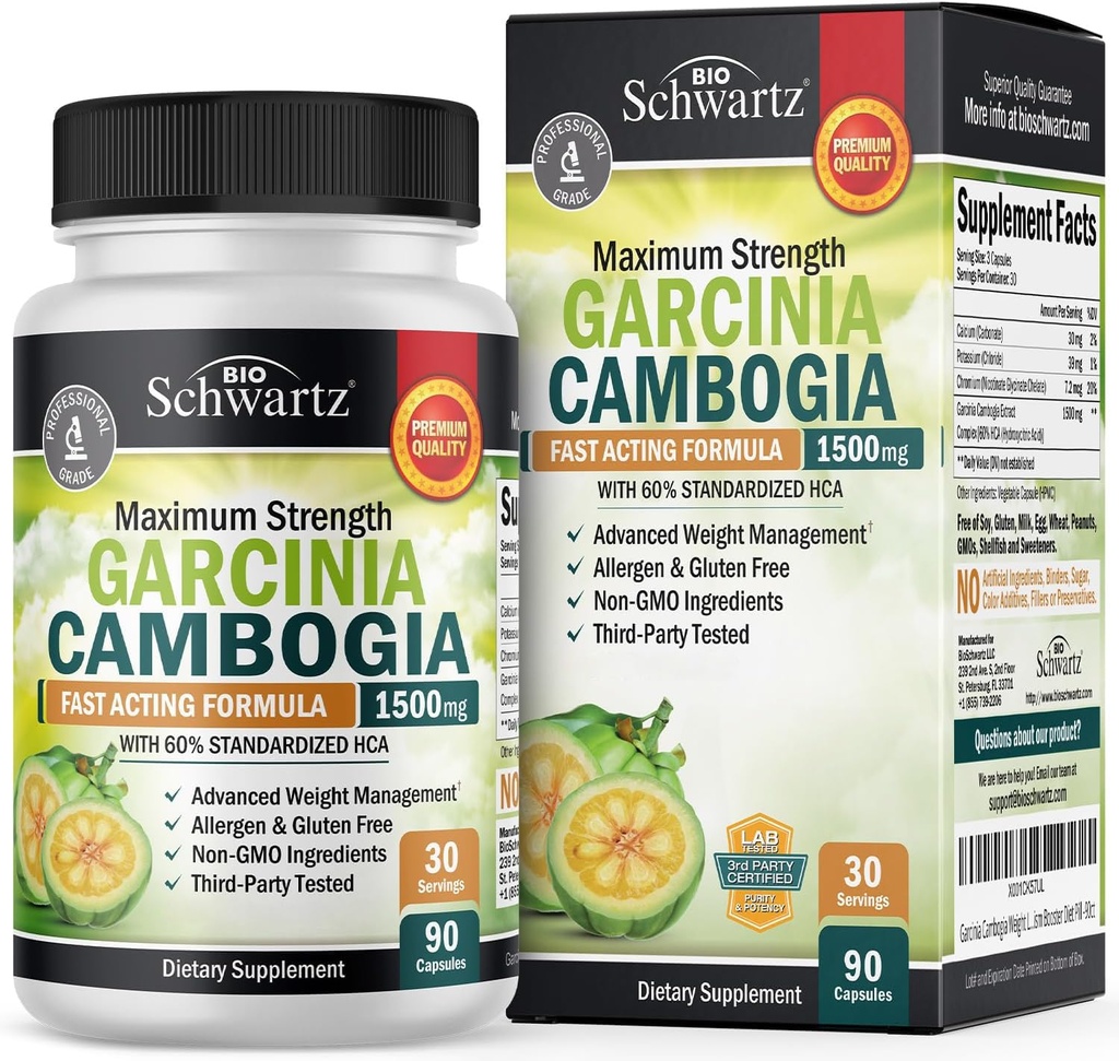 Garcinia Cambogia Peso Perda de Pílulas - 1500mg HCA Puro Extrato - Apetite de ação rápida Supressor - Queimador de gordura para mulheres e homens para ajudar a perder peso - Carb Blocker Metabolismo Diet Pill - 90 Cápsulas