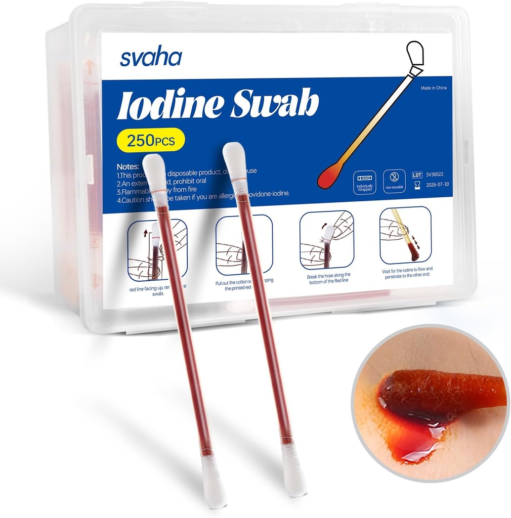 Svaha Povidone Iodine Swabsticks - 250 Sticks Individualmente Envolto, Solução de Iodine Lançado Quando Snapped, Sem Secar, Perfeito para cuidados de feridas, Kits de primeiros socorros, Viagens e uso ao ar livre