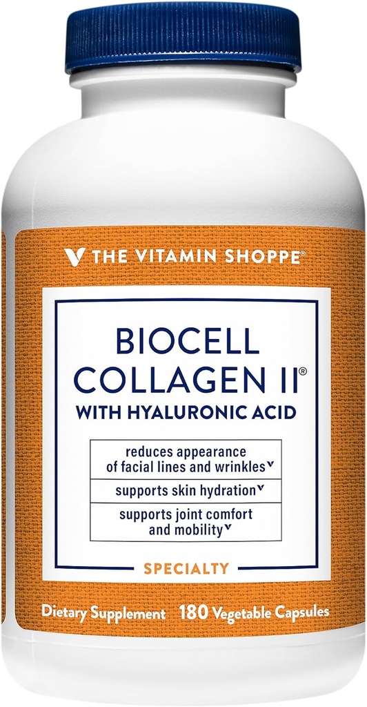 O Colágeno II de Vitamina Shoppe Biocell com Ácido Hialurônico 1000mg - Promove Pele Saudável, Articulações e Cartilagem - Suporta Hidratação e Elasticidade - para Bem-Estar Diário (60 Cápsulas Vegetais)