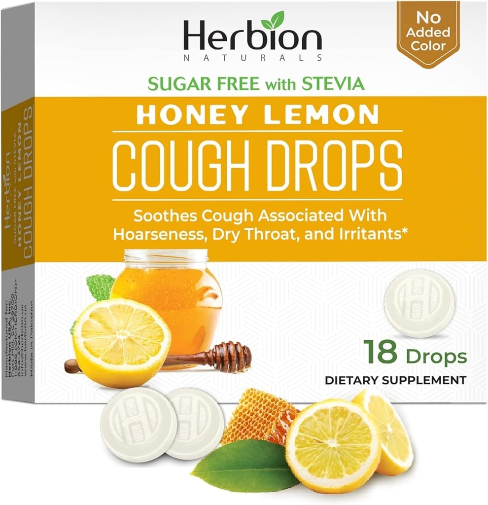 HERBION Naturals Tosse Drops, Livre de açúcar com Stevia, Suplemento dietético, Alivia a tosse, para adultos e crianças acima de 6 anos, 25 gotas Cada (18 Count of 1), Lemon mel)