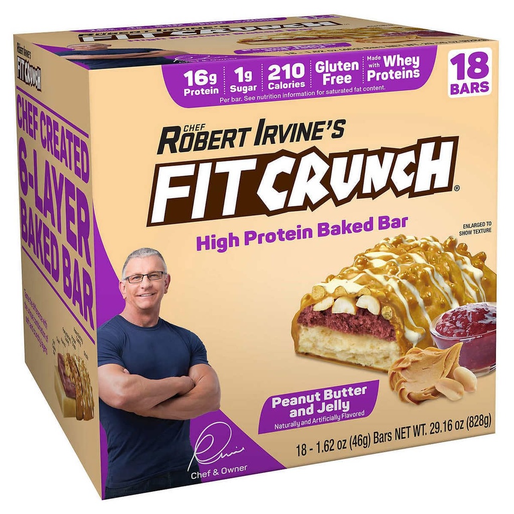 FITCRUNCH Snack Tamanho Protein Bares, 6-Layer Baked Bar, 1g de açúcar, Gluten Free & Soft Cake Core (18 Bares, Manteiga de amendoim e gelatina)