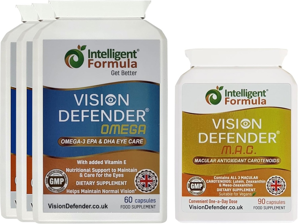 Visão Defender MAC & Omega Todos os dias Geral Eye-Health Bundle (90 Dias Fornecimento). Suplemento de vitaminas dos olhos inclui carotenoides Lutein, Zeaxantina, Omega-3 (DHA, EPA). Feito no Reino Unido pela Eye Specialists