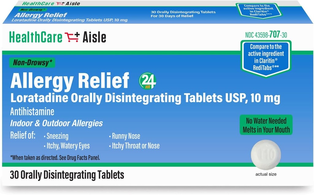 HealthCareAisle Allergy Relief - Loratadine 10 mg Comprimidos de Desintegração Oral USP - 30 Comprimidos - Medicamentos de Alergia de Força de Prescrição Original, Alívio de 24 horas