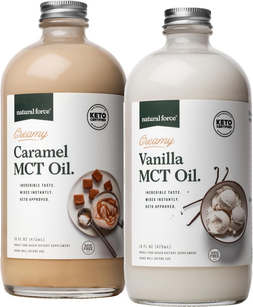 Natural Force Creamy Vanilla + Creamy Caramel MCT Oil Bundle – Gluten-Free, Non GMO, Emulsionado sabor MCTs de cocos orgânicos – Keto, Paleo, e Vegan – 2x 16 Ounce Garrafas de vidro