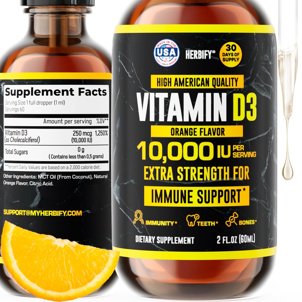 HERBIFY Vitamina D3 10000 UI - Made in USA Liquid Vitamina D Drops - Bone Força e Imune Suporte Suplemento - Sunshine Substituição - D3 Vitamina osso e dentes Suplemento - 2 Oz