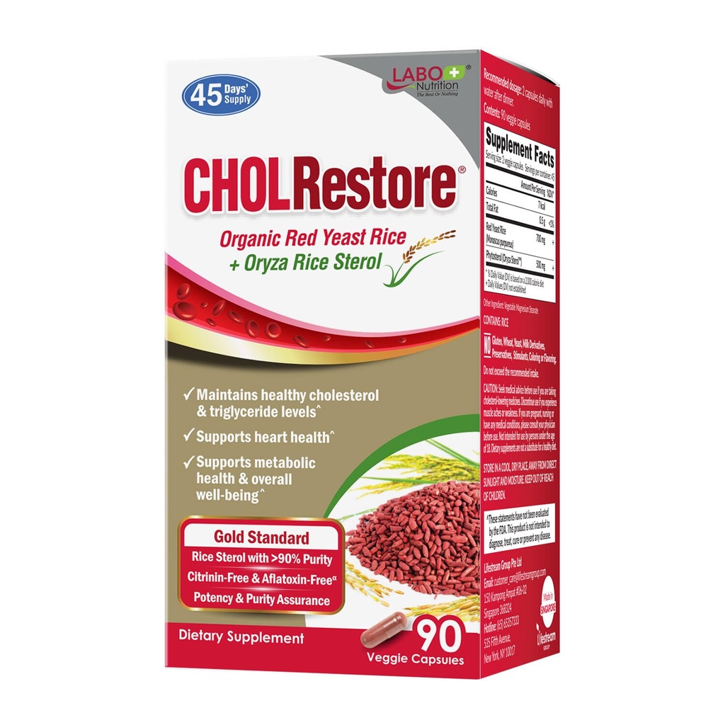 LABO Nutrition CHOLRestore – Red Yeast Rice com Phytosterol Health Supplement, Suporta Níveis de Colesterol Saudável, Citrinina, Aflatoxina e Soja Grátis, 90 Cápsulas Vegetarianas