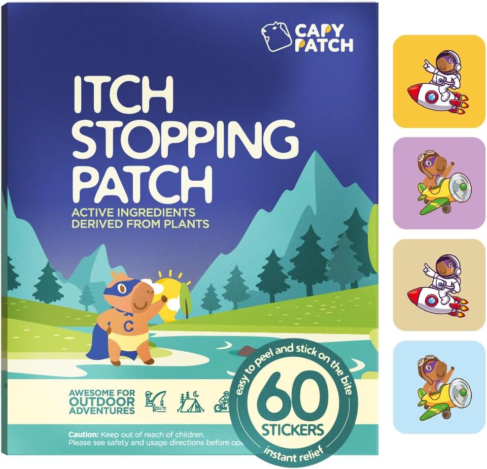 CAPY Bug Bite Itch Relief Patches for Kids - 60 Count, Travel & Camping Essentials, Hydrocortisona Alternativa, Itch Relief Stickers for Mosquito & Bug Bites
