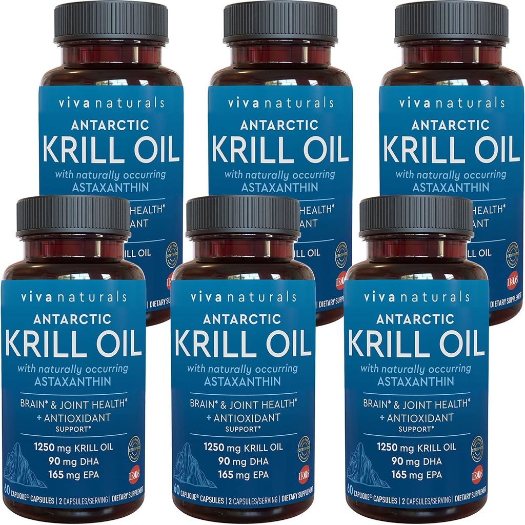 Viva Naturals Antárctico Krill Oil 1250 mg, Omega 3 EPA DHA e Astaxantina, Apoio Conjunto e Suplemento Cérebro com Propriedades Antioxidantes, Sem gosto de peixe (Pacote de 6)
