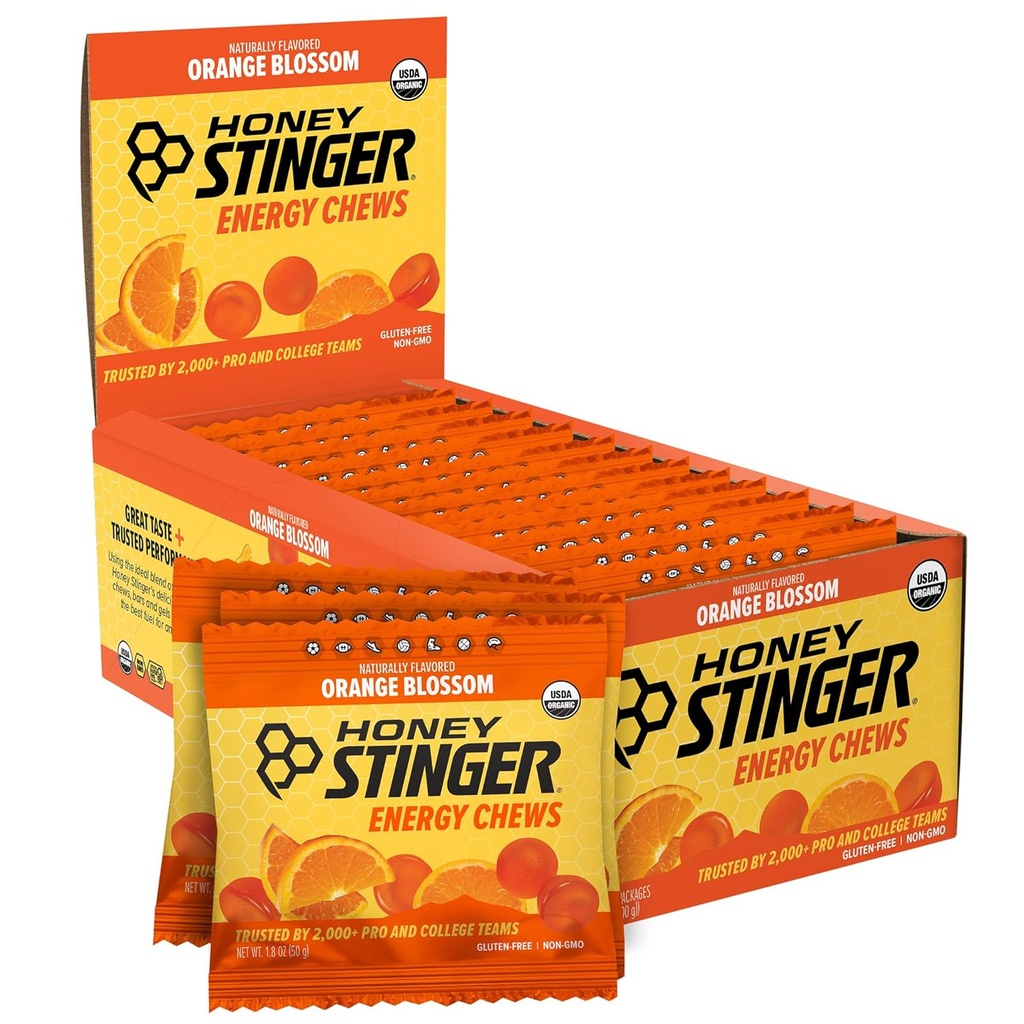 Honey Stinger Organic Orange Blossom Energy Chew, Gluten Free & Caffeine Free, para exercício, execução e desempenho, Nutrição Desportiva para Casa e Ginásio, Pré e Mid Workout, 12 Pack, 21,6 Ounce