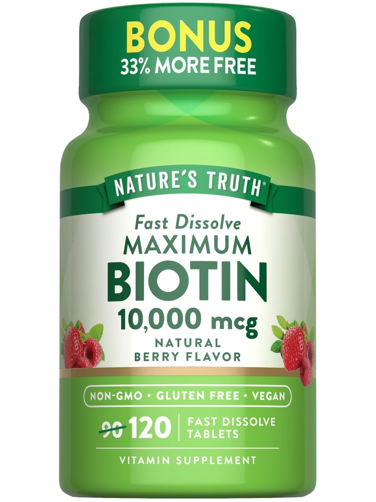 Nature's Truth Biotin 10000mcg 120 rápido Dissolver Comprimidos □ Força máxima □ Natural Berry Flavor □ Vegan, Non-GMO & Gluten Suplemento gratuito