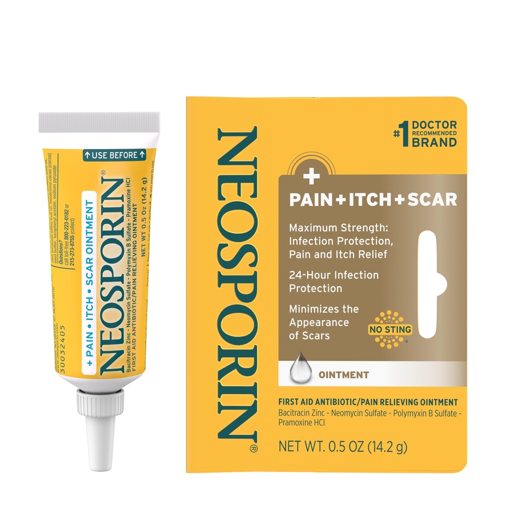 Neosporin Antibiótico analgésico, Anti-Itch, & Scar Aparência Minimizer Pomada com Neomicina e Bacitracina Zinco, 24 horas de proteção contra infecção para cortes menores, raspas e queimaduras,.5 oz