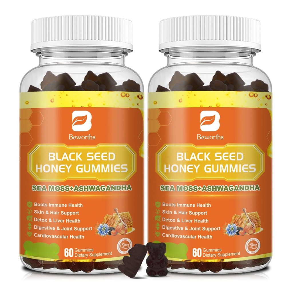 (2 Pack) Gummies de óleo de semente preta do mar com Ashwagandha, Burdock Root, Linden Honey, Elderberry, Açafrão, Vitamina C, D3 & Zinco - Suporta imunidade, articulações, Digestão, Cabelo & Pele, Vegan Gummies 120