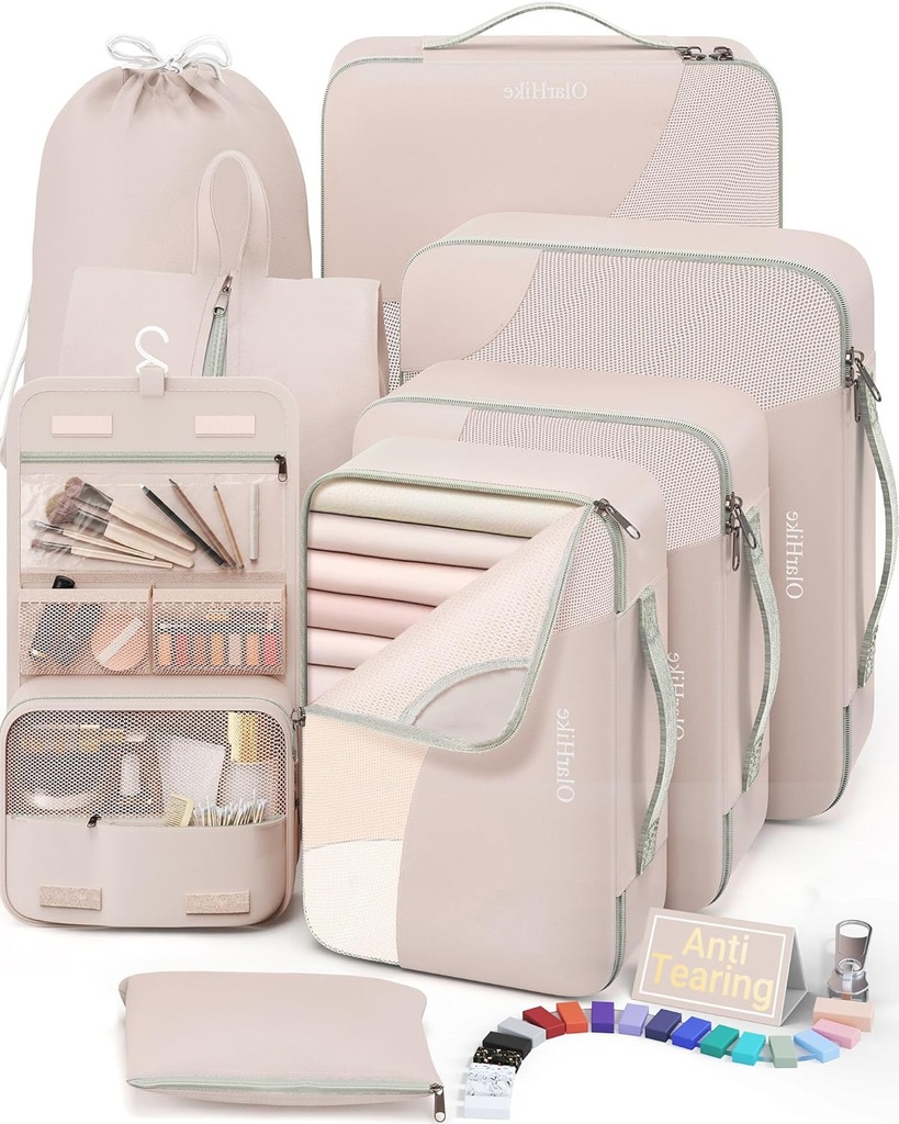 10 Set/8 Conjunto de cubos de embalagem para viagem, presentes para as mulheres mãe, Anti-tearing Suitcase Organizador para bagagem com sapato e pendurando saco higiénico,Olarhike férias essenciais e acessórios para navio de cruzeiro,cream