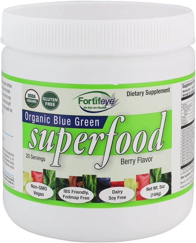 Fortifeye Orgânico Verde Superalimento em pó Suplemento Berry Flavor 140g, 20 Servings Por Container - Cru, Vegan, Paleo, Sem glúten, Vitaminas Super Verdes Pó para Adultos, Adolescentes & idosos