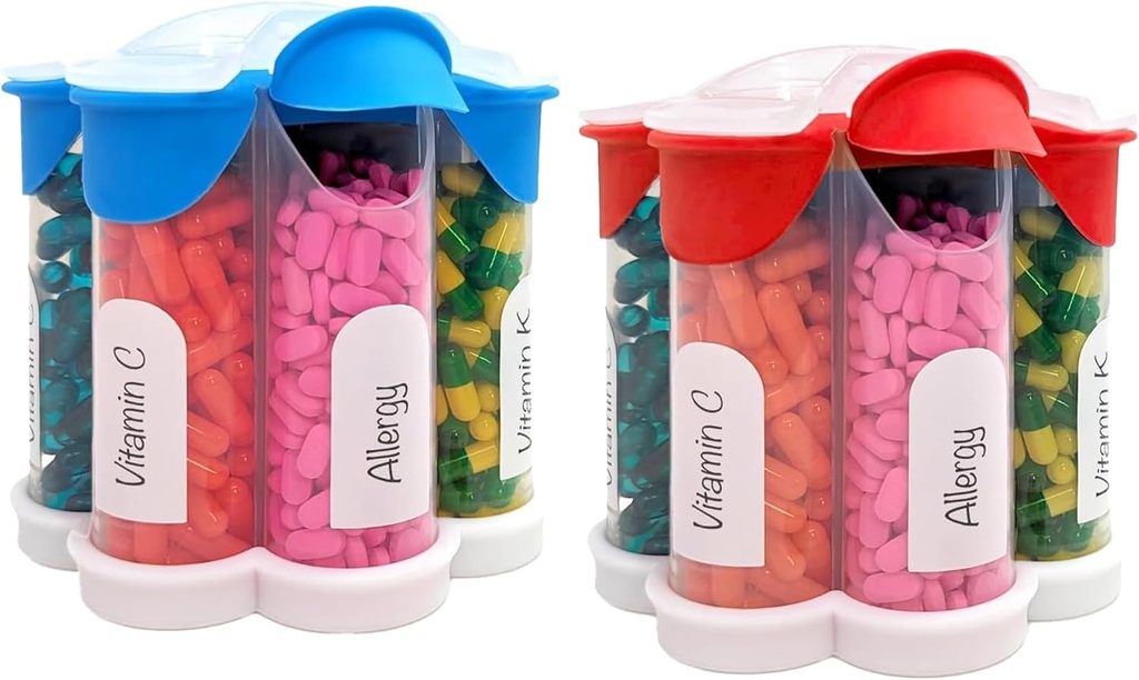 Organizador de comprimidos extra grande diário, semanal, garrafa de suplemento mensal, Dispensador bonito da pílula da flor com 7 compartimentos XL (2 pacote Combo) (azul claro e vermelho)