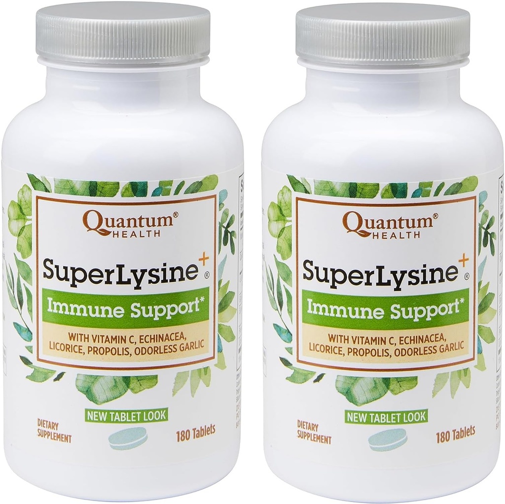 Saúde Quântica SuperLysine+ Fórmula avançada Imune Supplement Lysine 1500 mg, Vitamina C Echinacea Alcaçuz de Alho Própolis & Odorless - 180 Comprimidos (Pacote de 2)