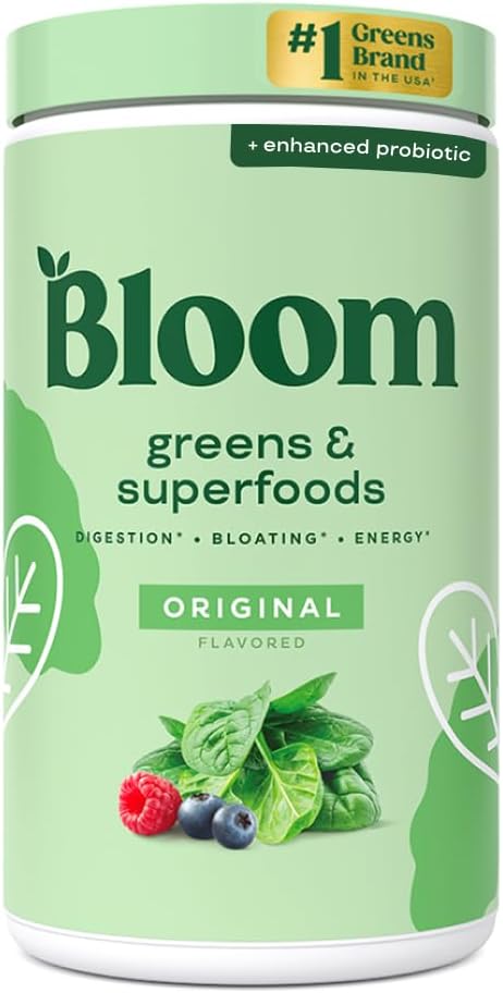 Bloom Nutrition Superfood Greens Powder, Enzimas Digestivas com Probióticos e Prebióticos, Gut Health, Bloating Alief for Women, Chlorela, Green Juice Mix with Beet Root Powder, 60 SVG, Original