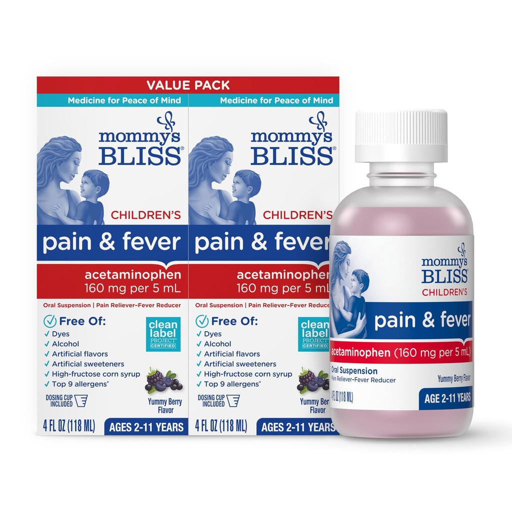 Mami's Bliss Children's Pain and Fever Reducer, Kids Acetaminophen, Dye Free, Delicious Mixed Berry Flavor, Ages 2+, 4 Fluid Ounces (Pack of 2)