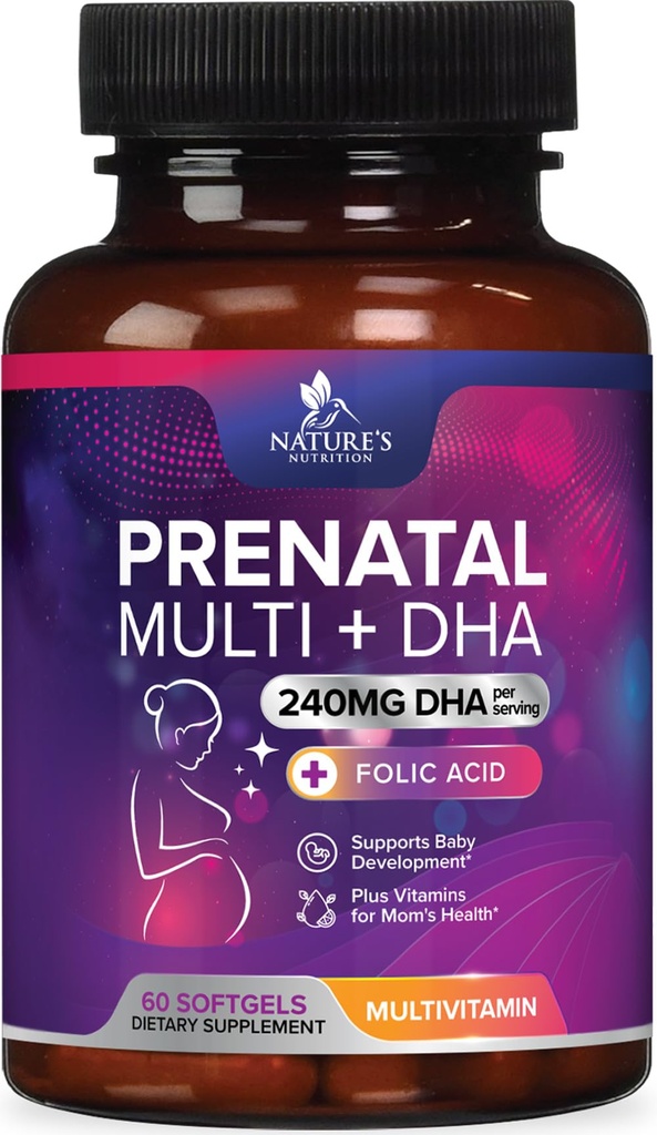 Vitaminas pré-natais com ácido fólico e DHA, apoio ao desenvolvimento do cérebro fetal com folato e Omega 3's, multivitamina pré-natal para mulheres, vitamina A, C, D, B6, B12 & ferro, suplemento de gravidez - 60 Softgels
