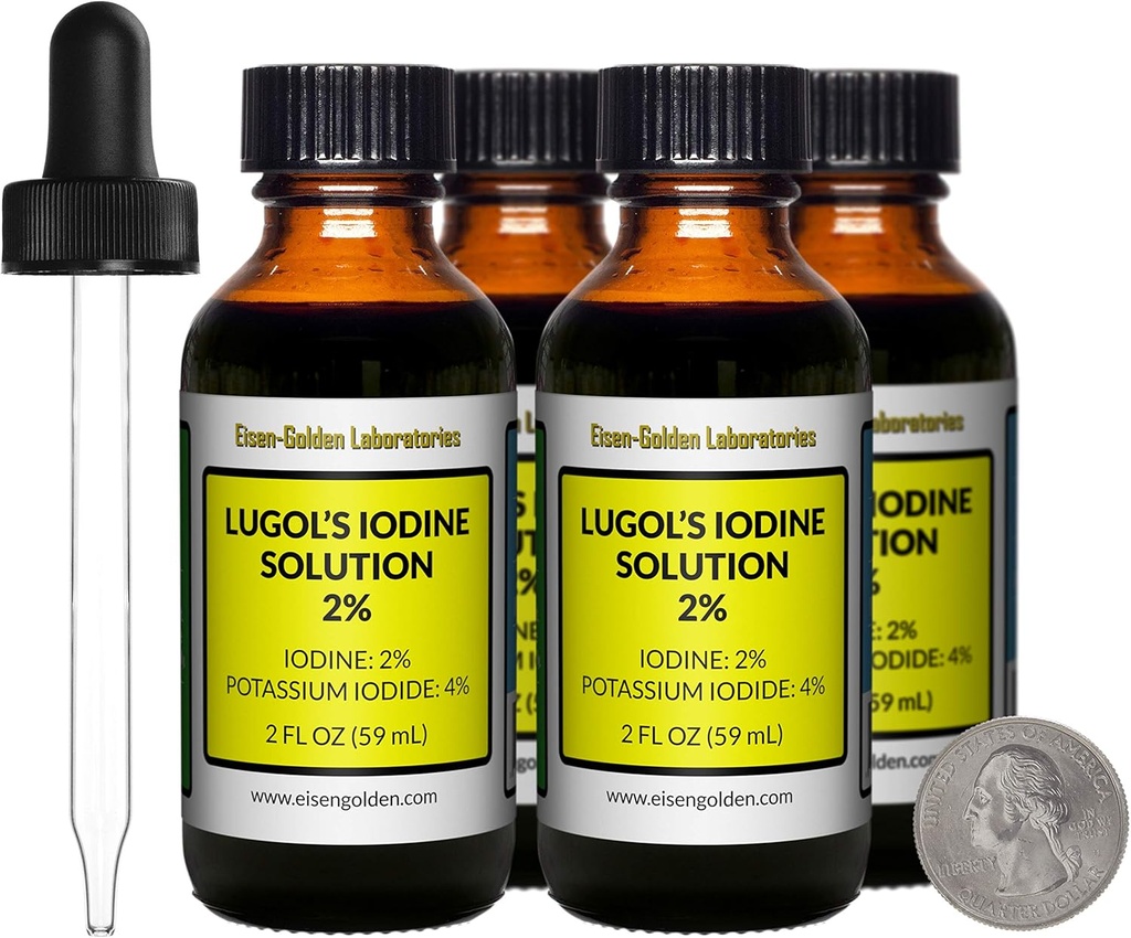 Solução de Iodo de Lugol / 2% / 8 Oz em quatro garrafas de vidro âmbar / Droppers grátis / EUA